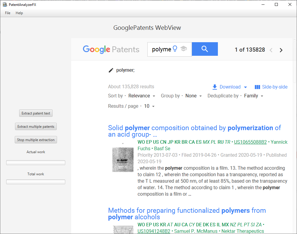 PatentAnalyserFX – GooglePatents : this part is an integrated GooglePatents search engine from which you can download in few seconds a large number of patents