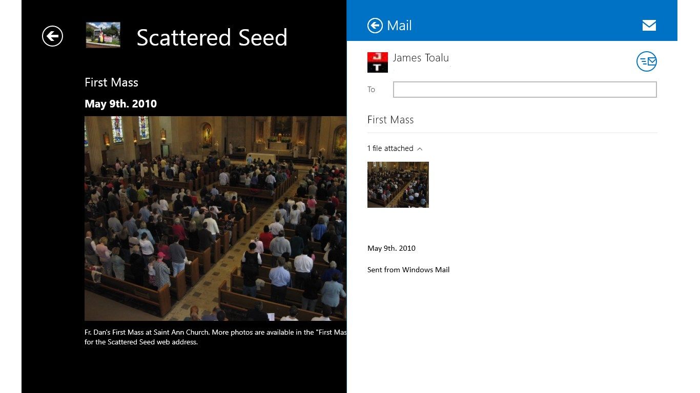 The photos in the Easter Vigil, Closing Mass, and First Mass sections can be shared through the built-in Windows Mail available in Windows 8.1