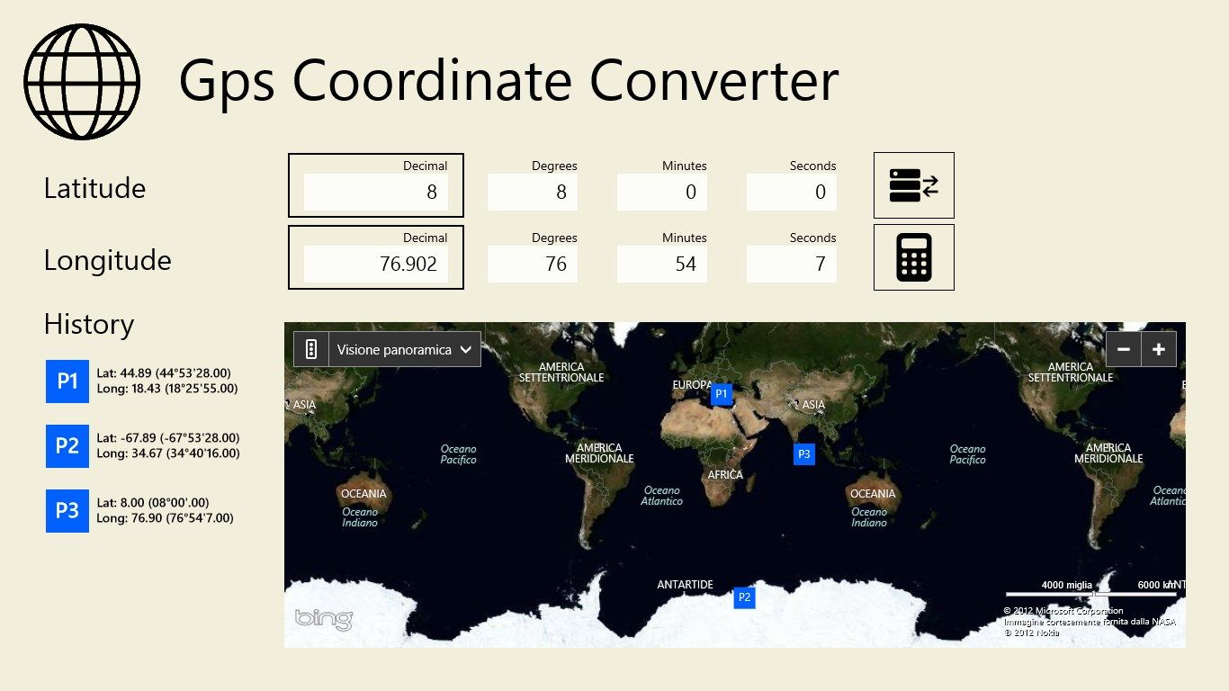 Screenshot2 : the Bing map includes all the world. Each point you convert is visually drawn on the map