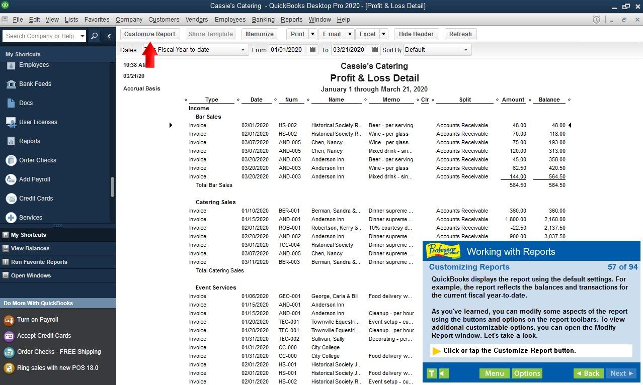 QuickBooks training includes all the key features of working with reports.