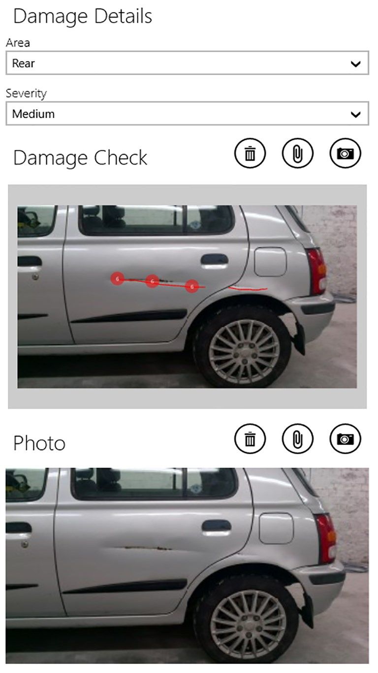 Annotation tools allow line drawing and spot markers to highlight damage