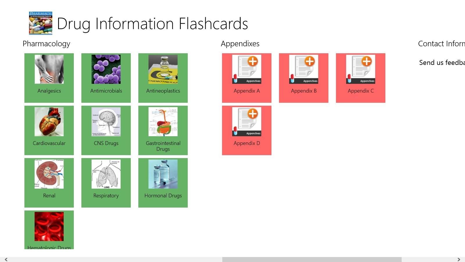 Menu sections of the flash cards