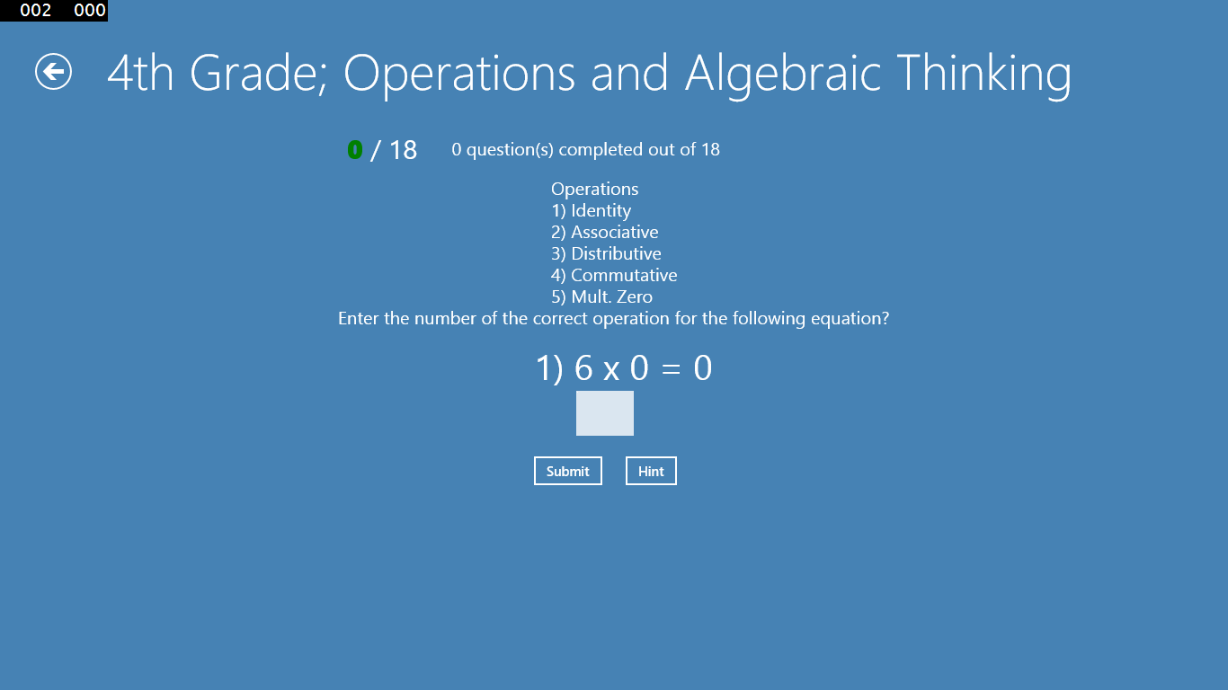 When the 4th grade "Operations and Algebraic Thinking" icon is selected the first question for that domain is displayed.