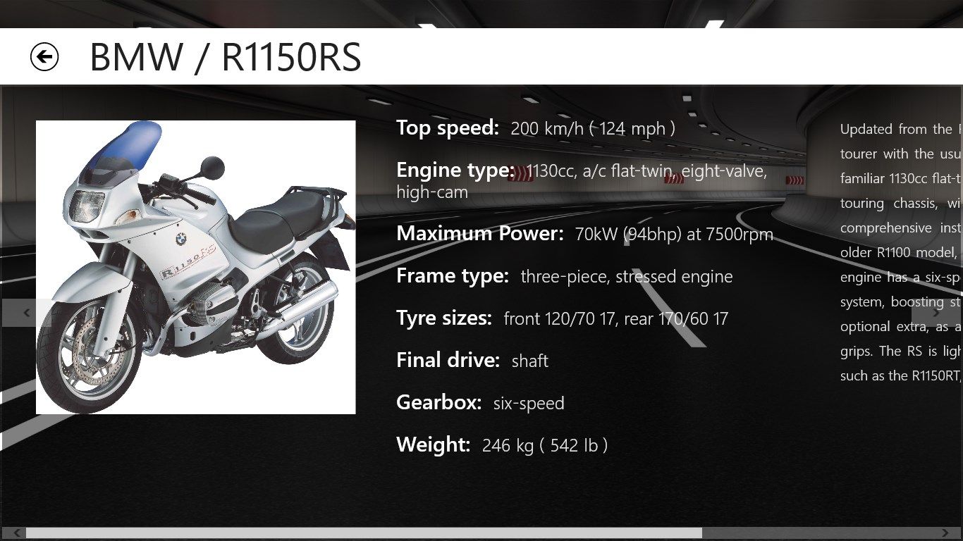 Specifications for top speed, weight, engine capacity, tyre size, frame type and gearbox