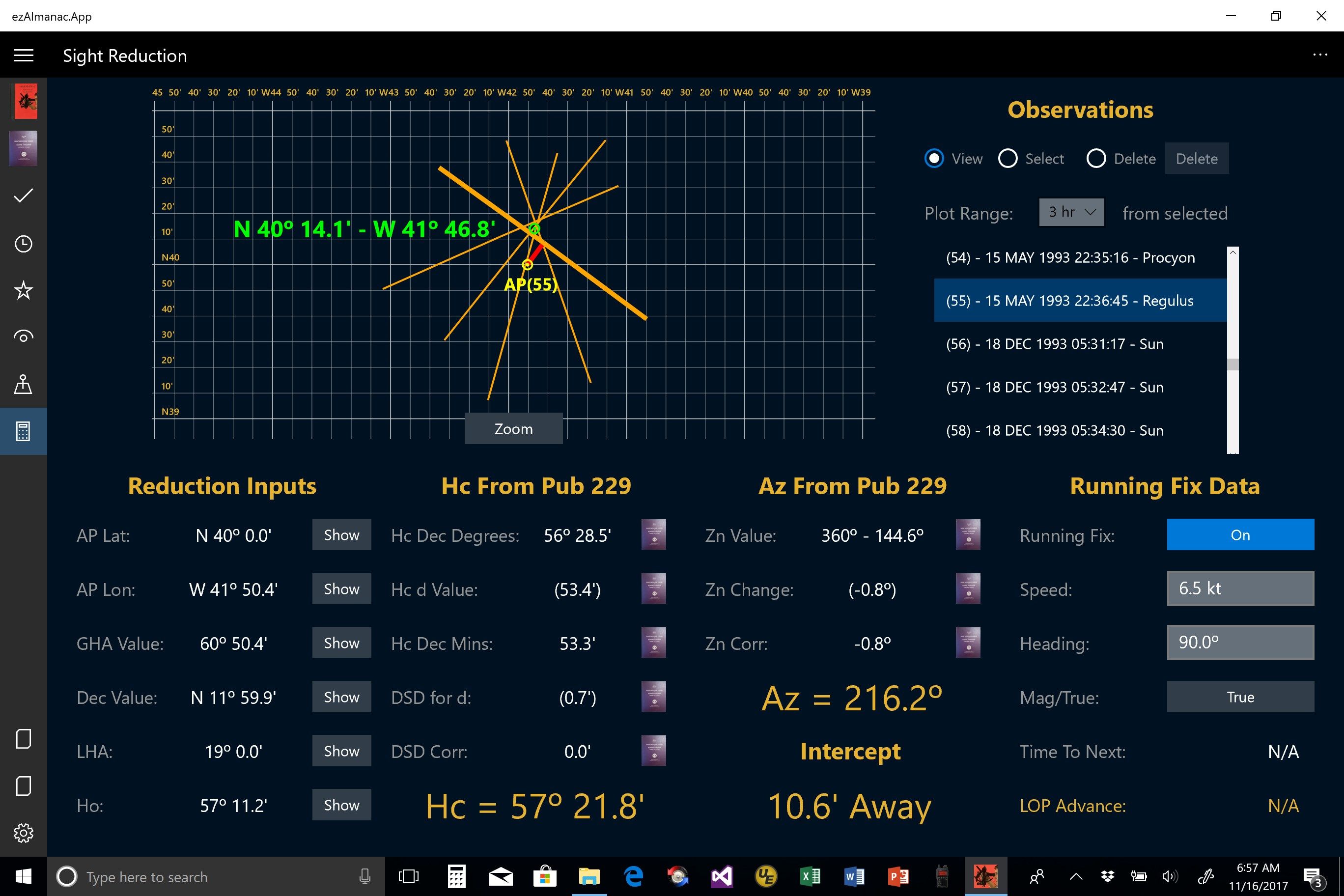 Sight Reduction View Showing Plotted LOPs and Pub 229 Values for Sight Reduction