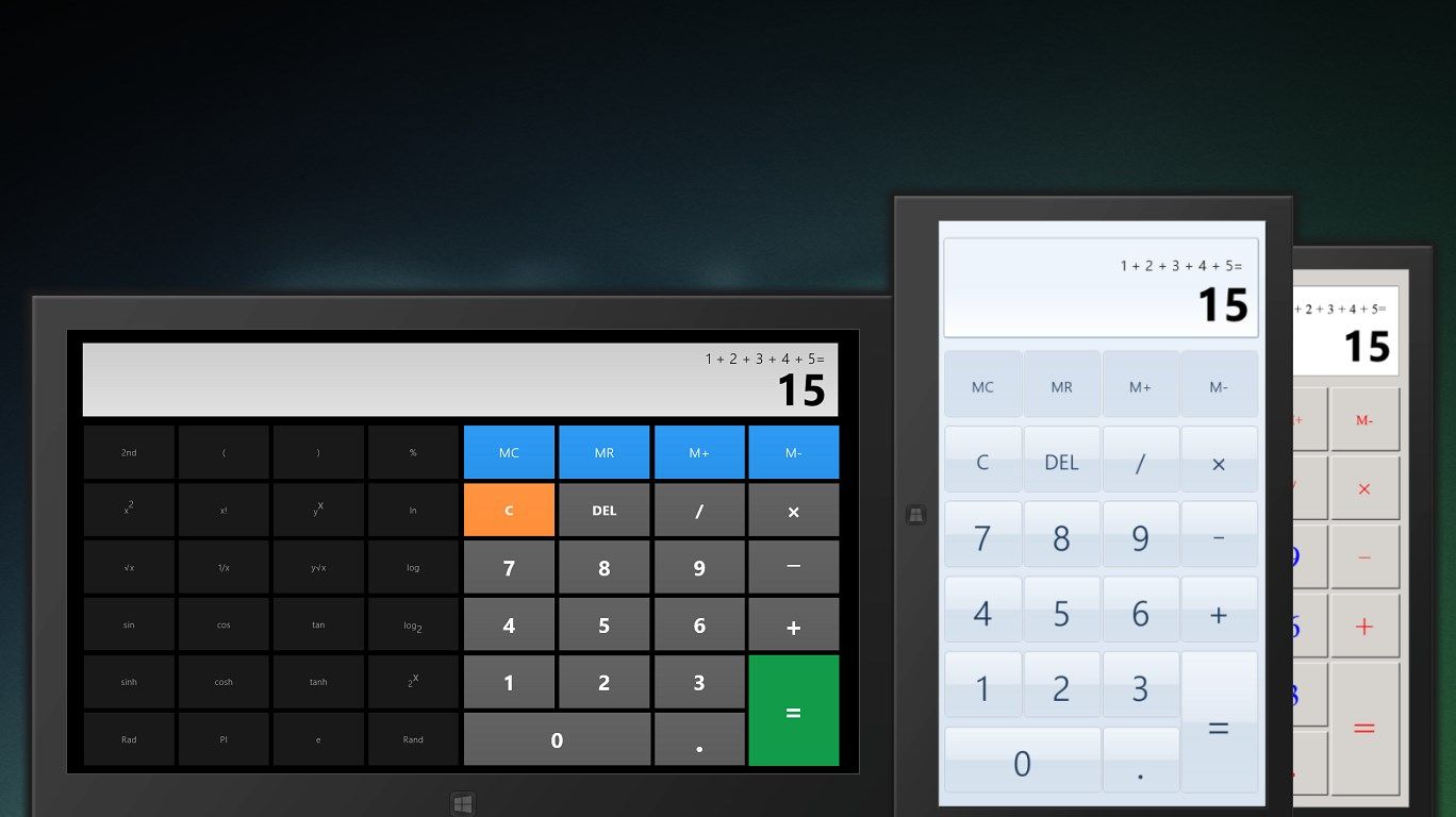 Scientific and basic calculator with 3 different themes