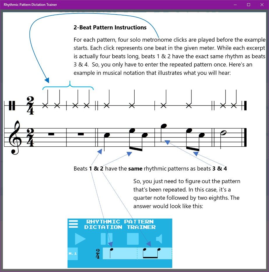 The help page shows how to play the 2-beat pattern exercise