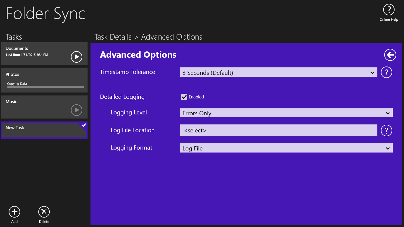 Advanced Options, allowing among other things detailed logging