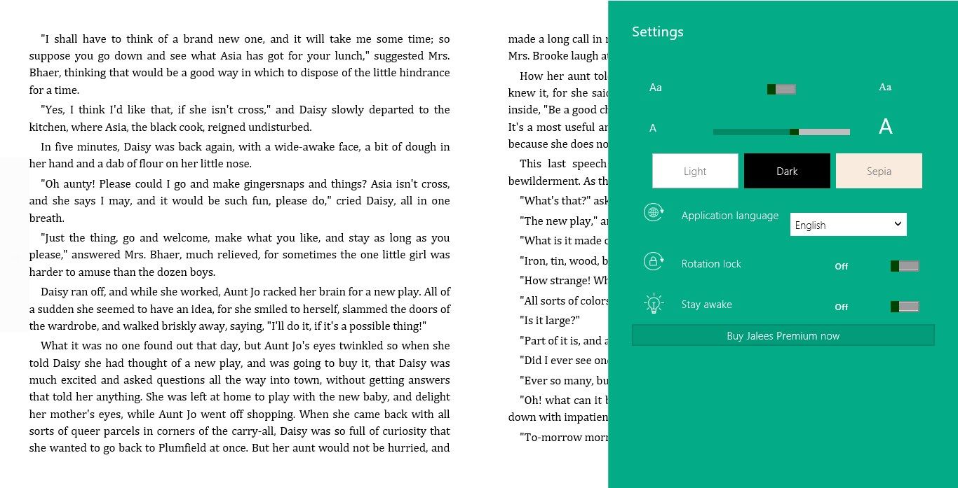 Jalees Reader - Reading view with settings menu