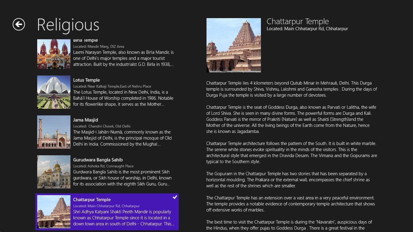This screenshot depicts the information displayed when a user selects a famous temple in the religious category.
