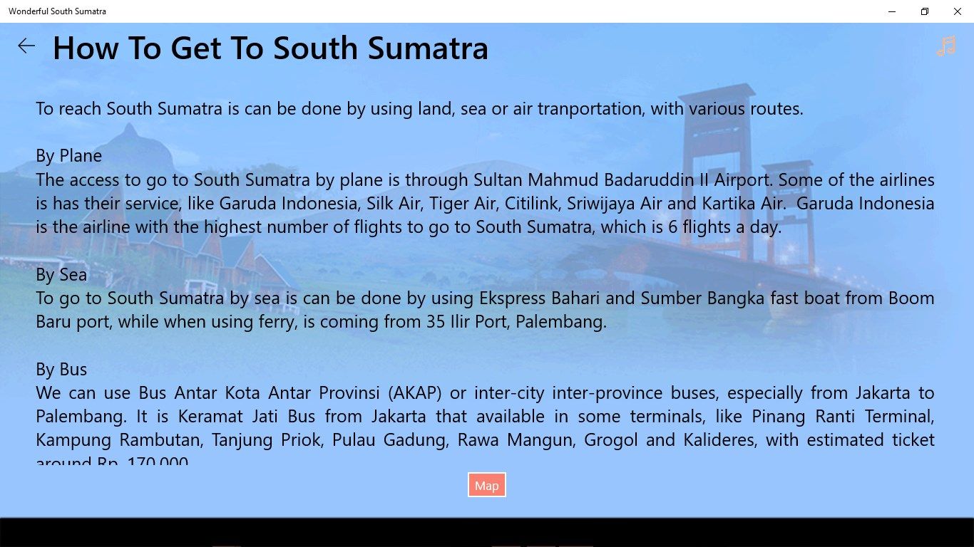 When you click this menu, this application will give you information about main transportation when you go around to South Sumatra.
