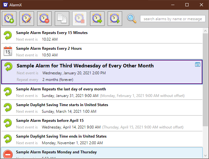 The main window shows a list of your alarms, sorted by upcoming event.