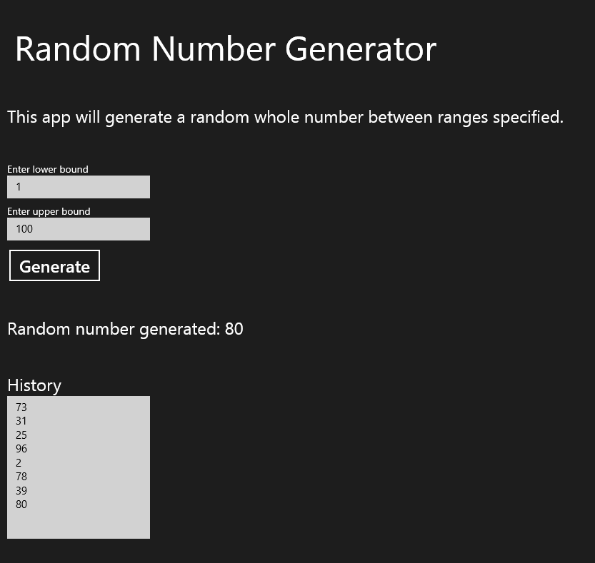 Simple Random Number Generator with History