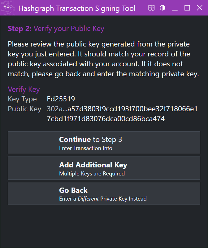 Wizard Step Two: Verify Private Key (Dark Theme)