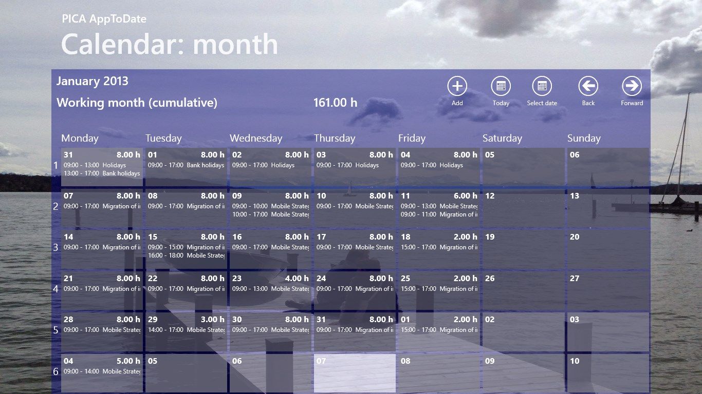 Calendar: month shows all project tasks worked on in the selected month in a calendar view