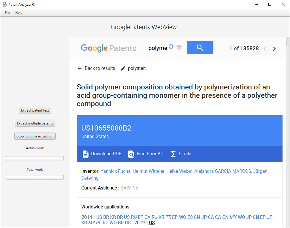 PatentAnalyserFX – GooglePatents : this part is an integrated GooglePatents search engine from which you can download in few seconds a large number of patents