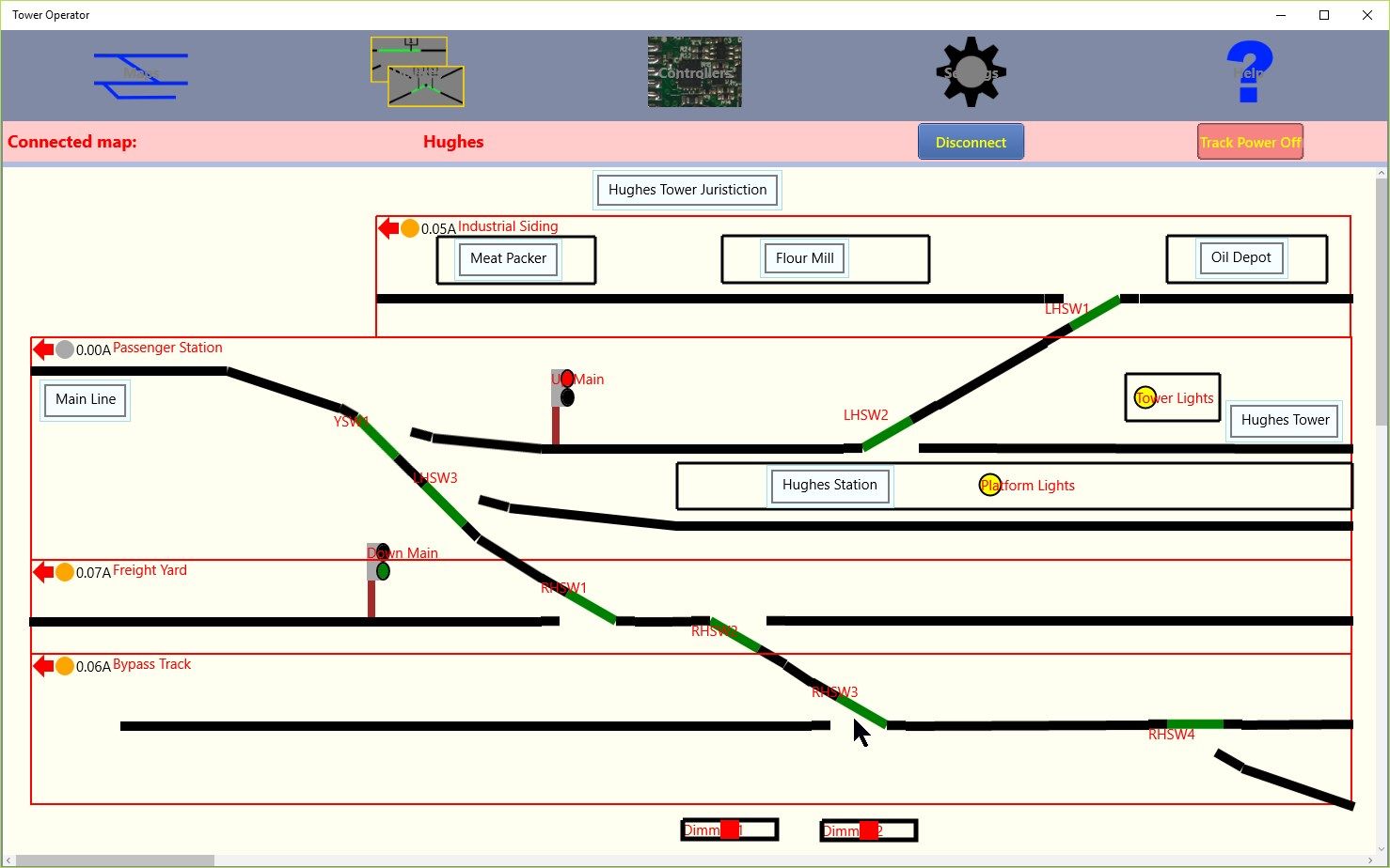 Control your model railroad from a schematic control panel - a map of part of your layout.Use a tablet or PC, tap or click on a switch, light or signal symbol to change it.
Turn power on/off or change direction for a district.
Monitor current or overload.