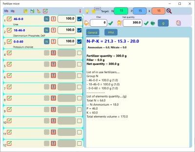 Main page showing fertilizer list and result of mix