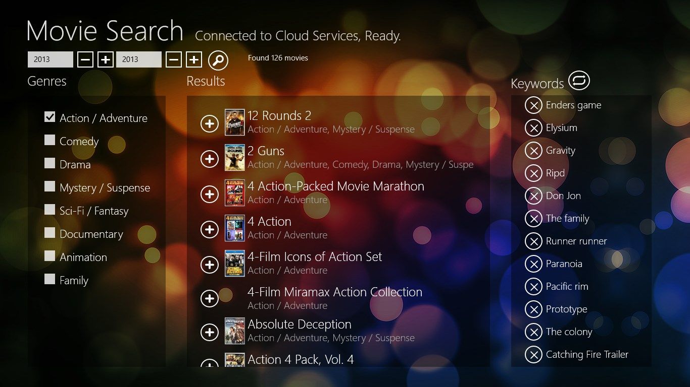 Windows 8 : Main view (with search results, and favorites list of movies)