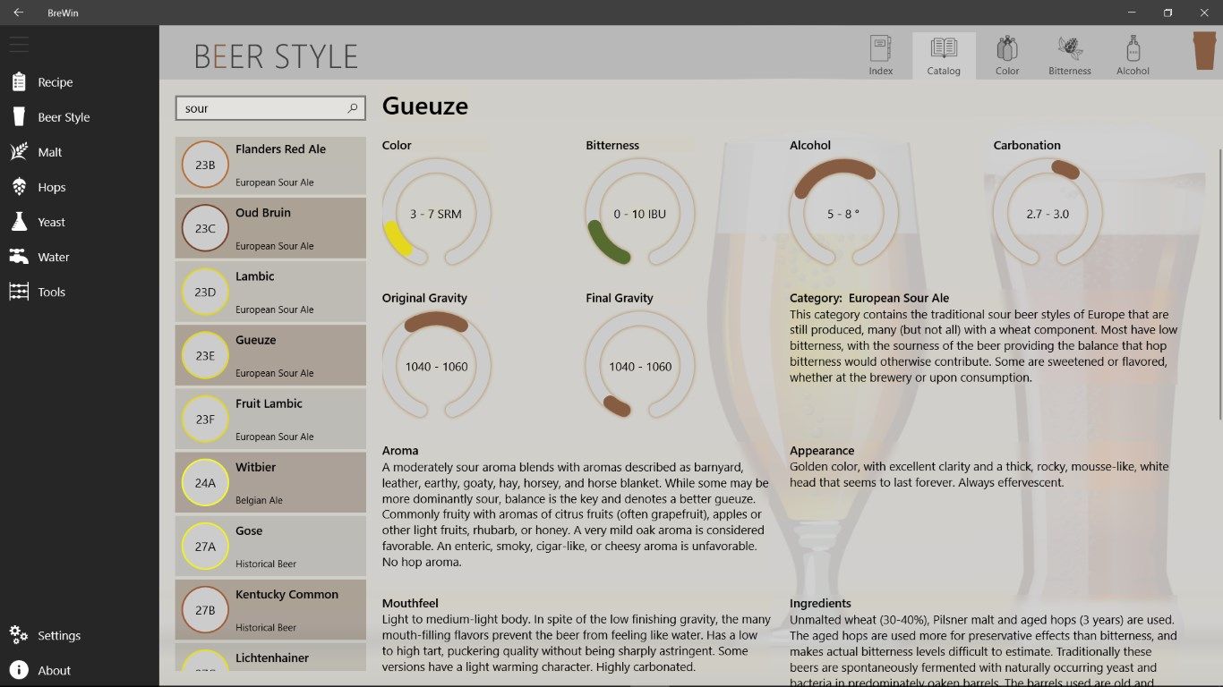 The catalog pages on beer styles, recipes, and ingredients allow searching in multiple fields.