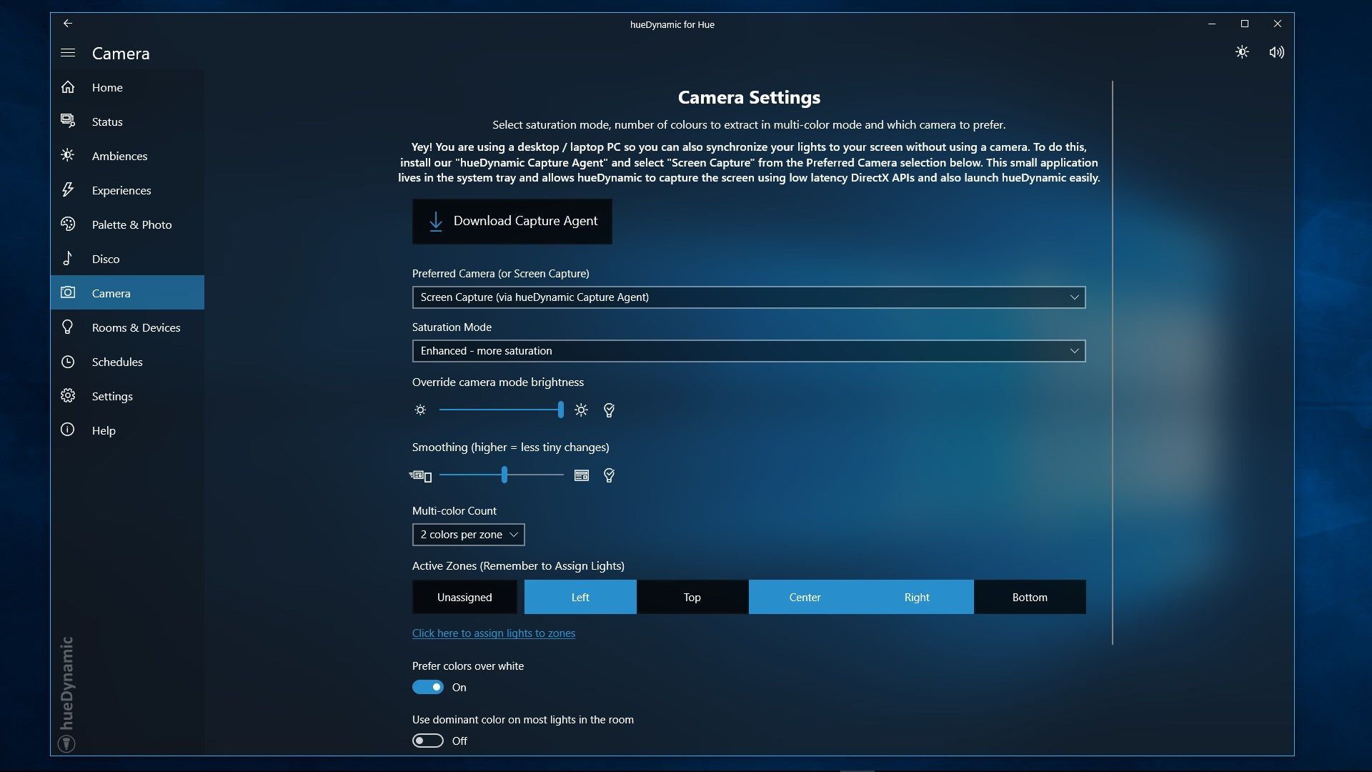 Immersive camera support. Sync lights to your PC screen using the lowest latency app available. We use DirectX and hardware acceleration to push Hue to the limit! Want to sync with your TV? No problem, we support web cams too!