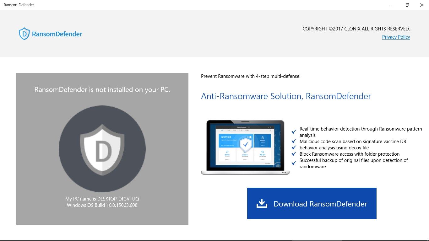 RansomDefender Security Center Main Display, Not installed Desktop App.