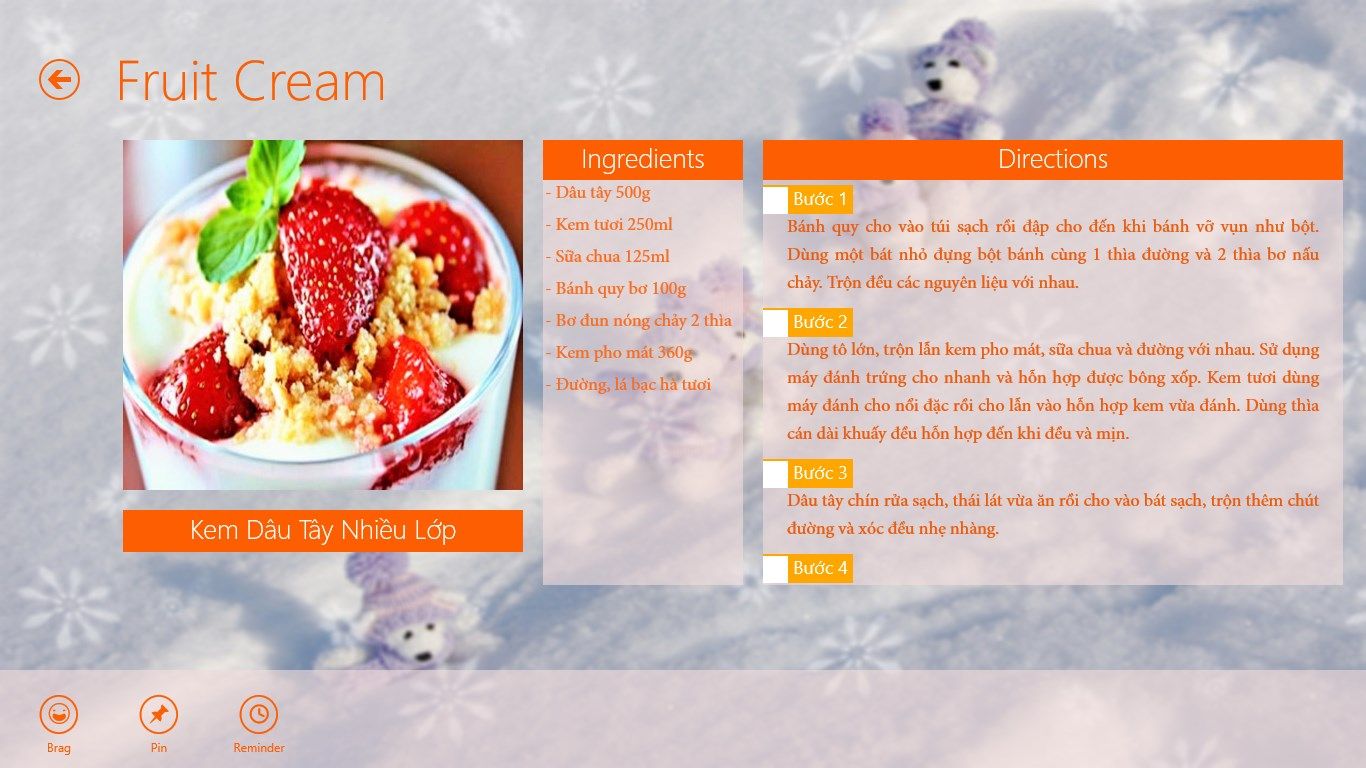 Recipe detail page and the functions: brag the recipes, pin to start, reminder.