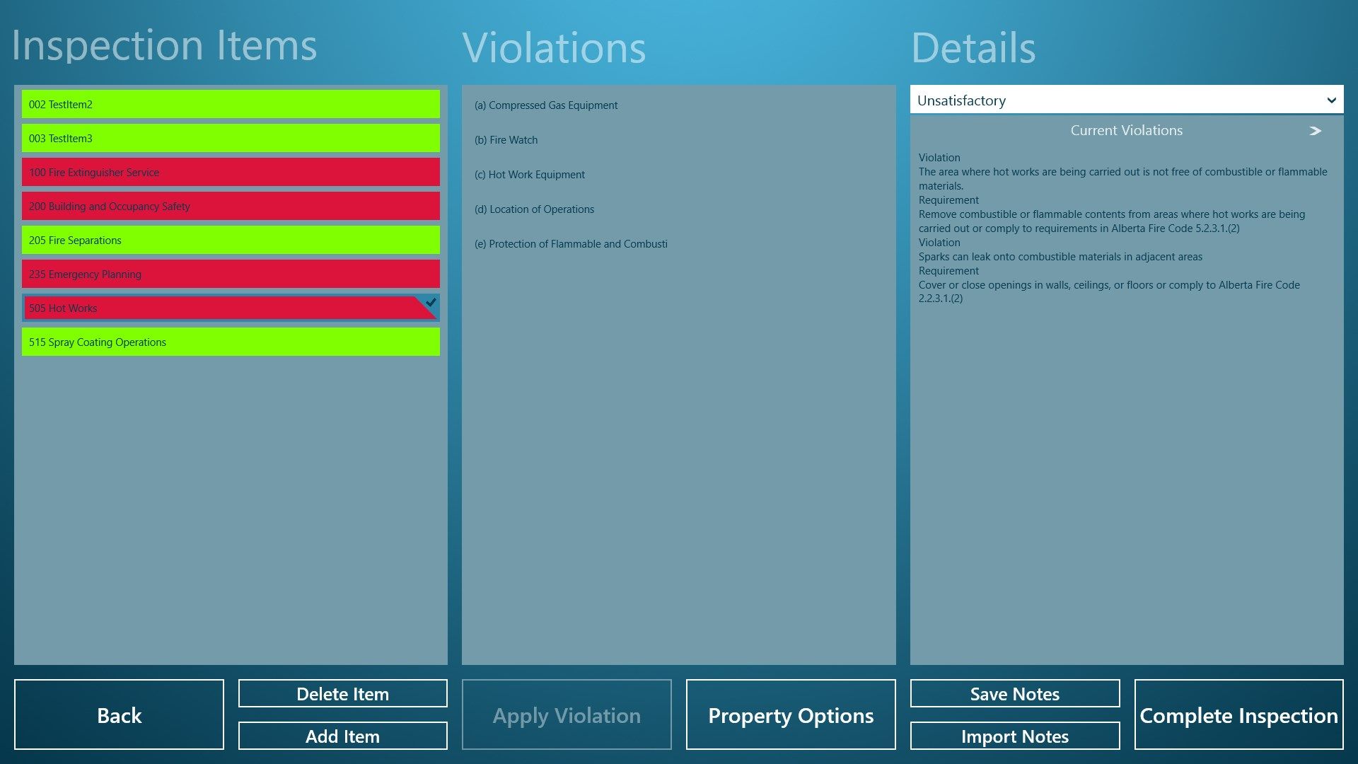 You can change the status of inspection items, add violations, add additional text, and import notes