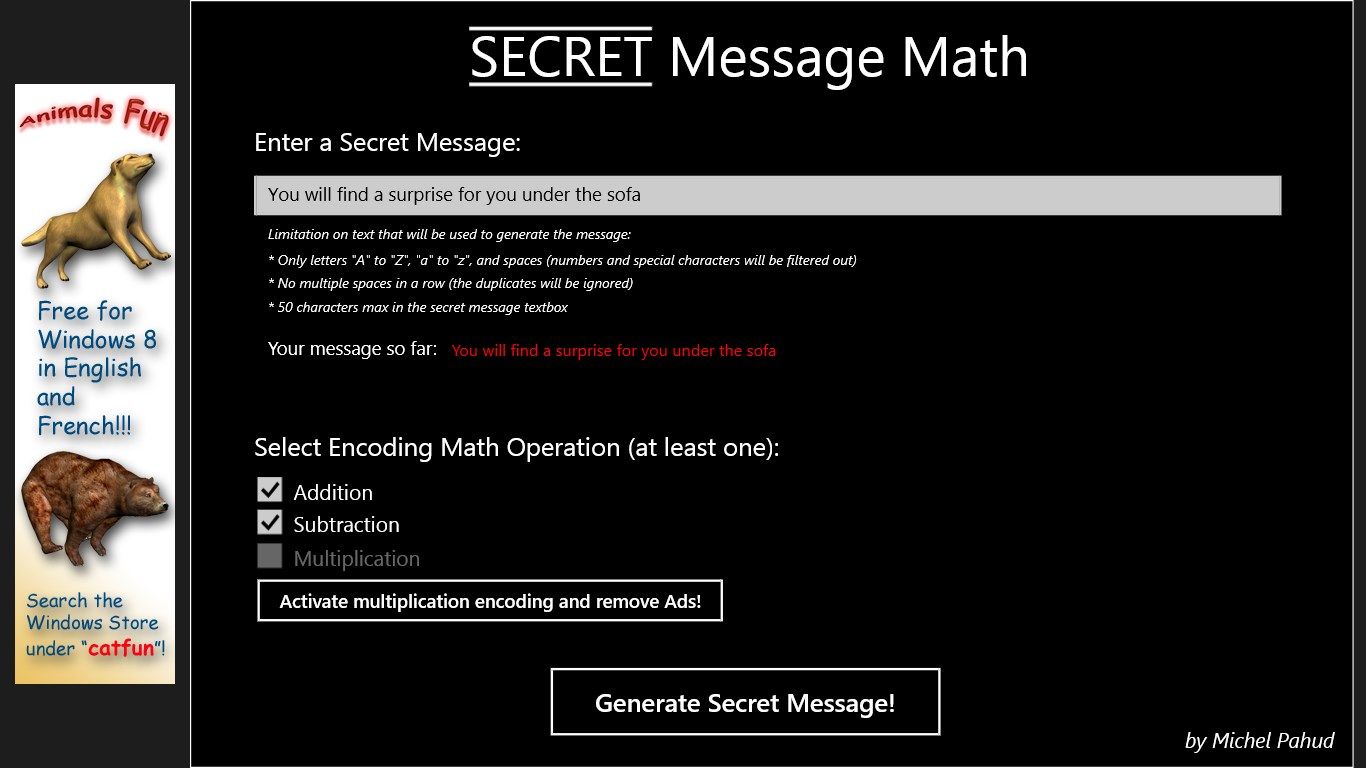 The secret message input UI with a message ready to be encoded.