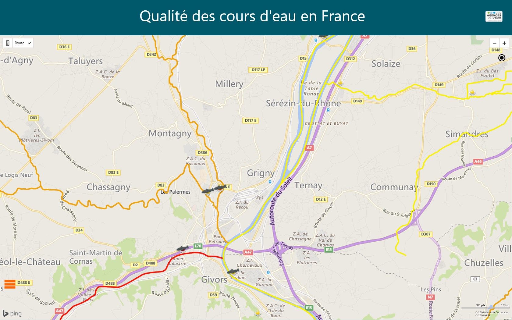 Carte détaillée Sud de Lyon - Etat des rivières - Emplacements des stations et des sites de recensement des poissons