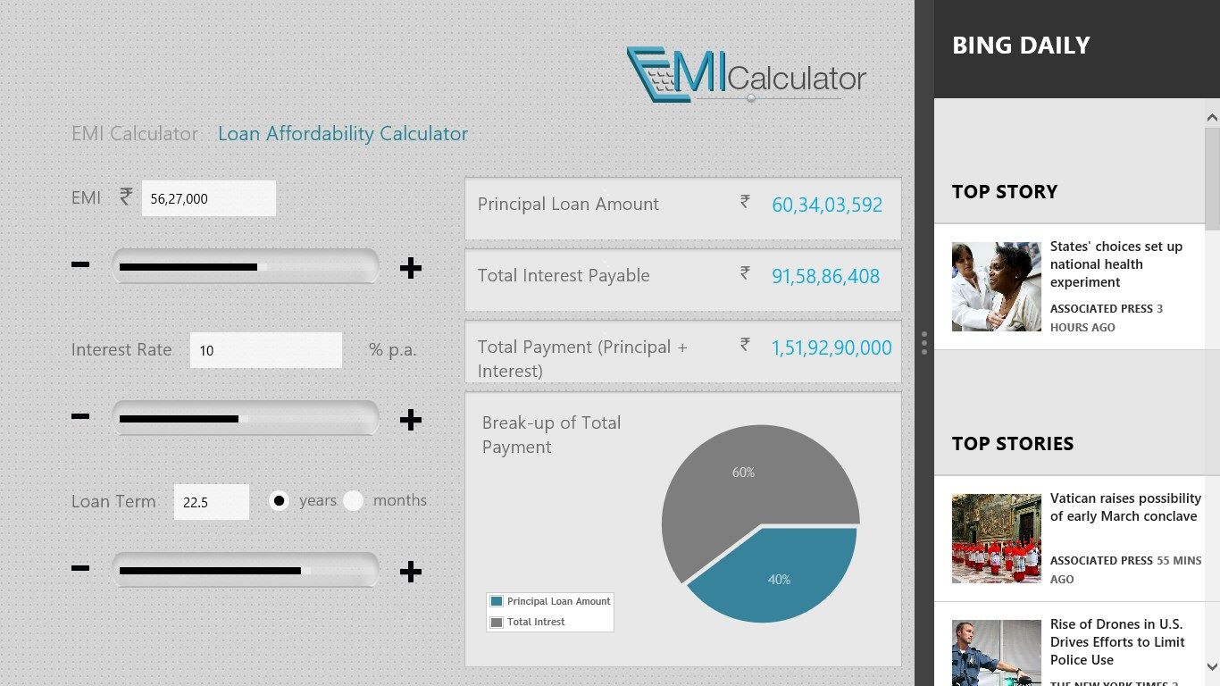 EMI Calculator in snapped view
