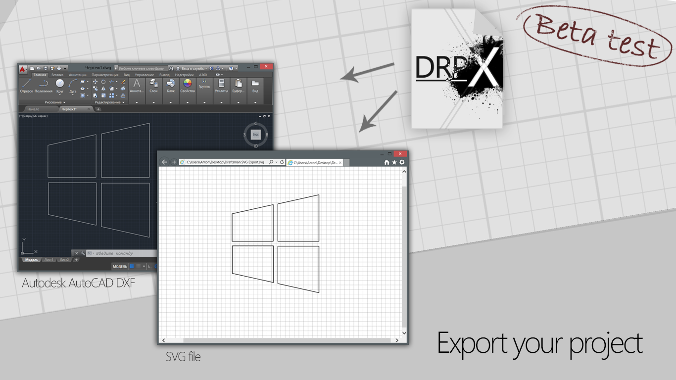 Export the finished drawings in various formats, such as: svg graphics or drawing for Autodesk AutoCAD