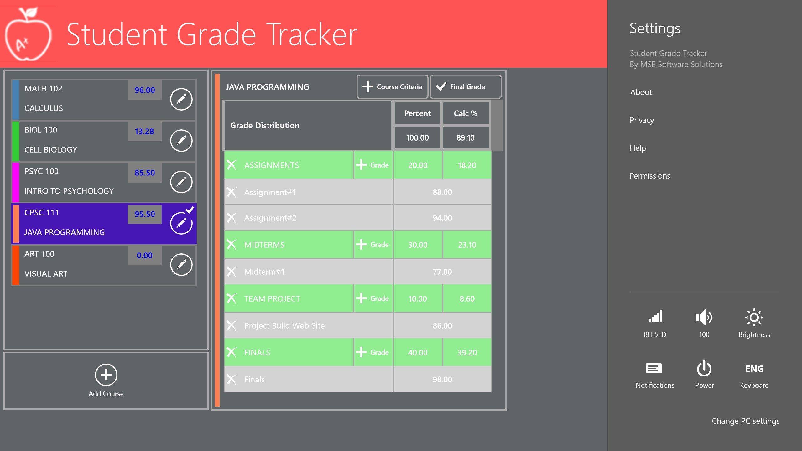 Student Grade Tracker Setting Flyout screen