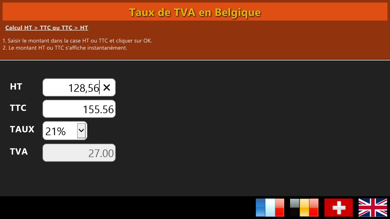 Calculatrice TVA aux taux belges en vigueur / Disposition horizontale