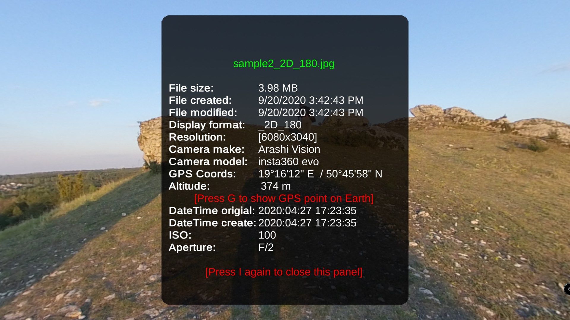 example exif/file info for 180-degree spherical photo