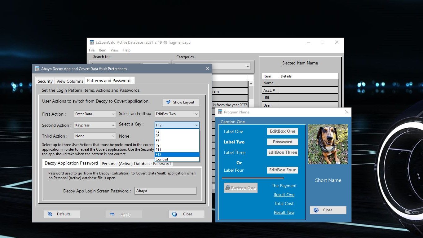 Covert App Preferences - Here you can change Security options, like how many error pattern attempts to allow before lock out. If you want to Lockout or Self Destruct (please back up often if you enable this!). Also timeout options are here. Too often you get called away and someone can just see your passwords, timeout will help protect you from this. Also, if an active user database is opened you can have the application use that instead of the default password for extra security. Here is the Pattern and Passwords tab. You can have up to three different passwords, actions or any combination! Be careful when changing and suggest you practice after you make any changes to help your remember since error patterns are not yet a common way to do authentication. Use Show Layout as guide to which objects you have chosen.