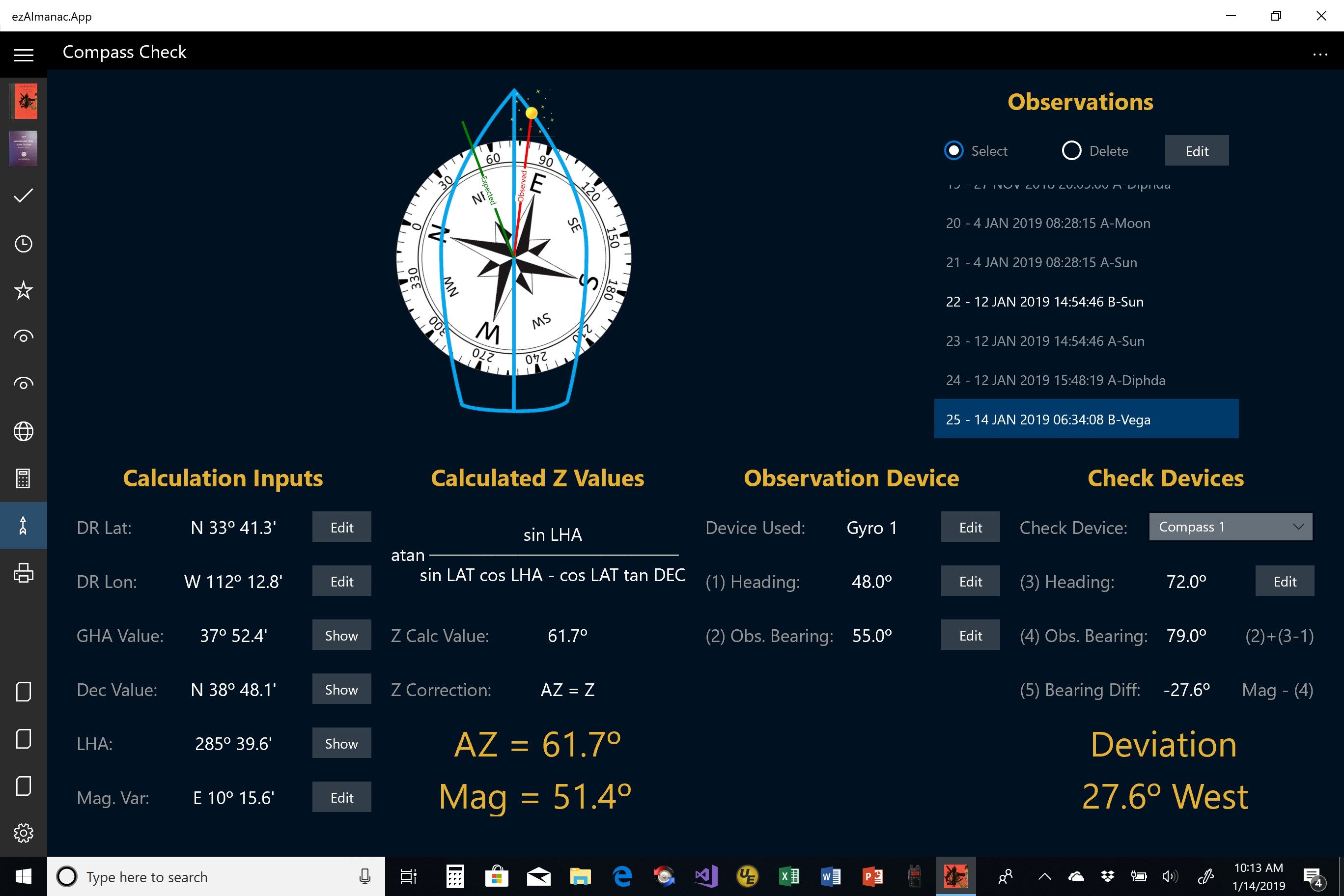 Screen showing compass check result for a bearing observation