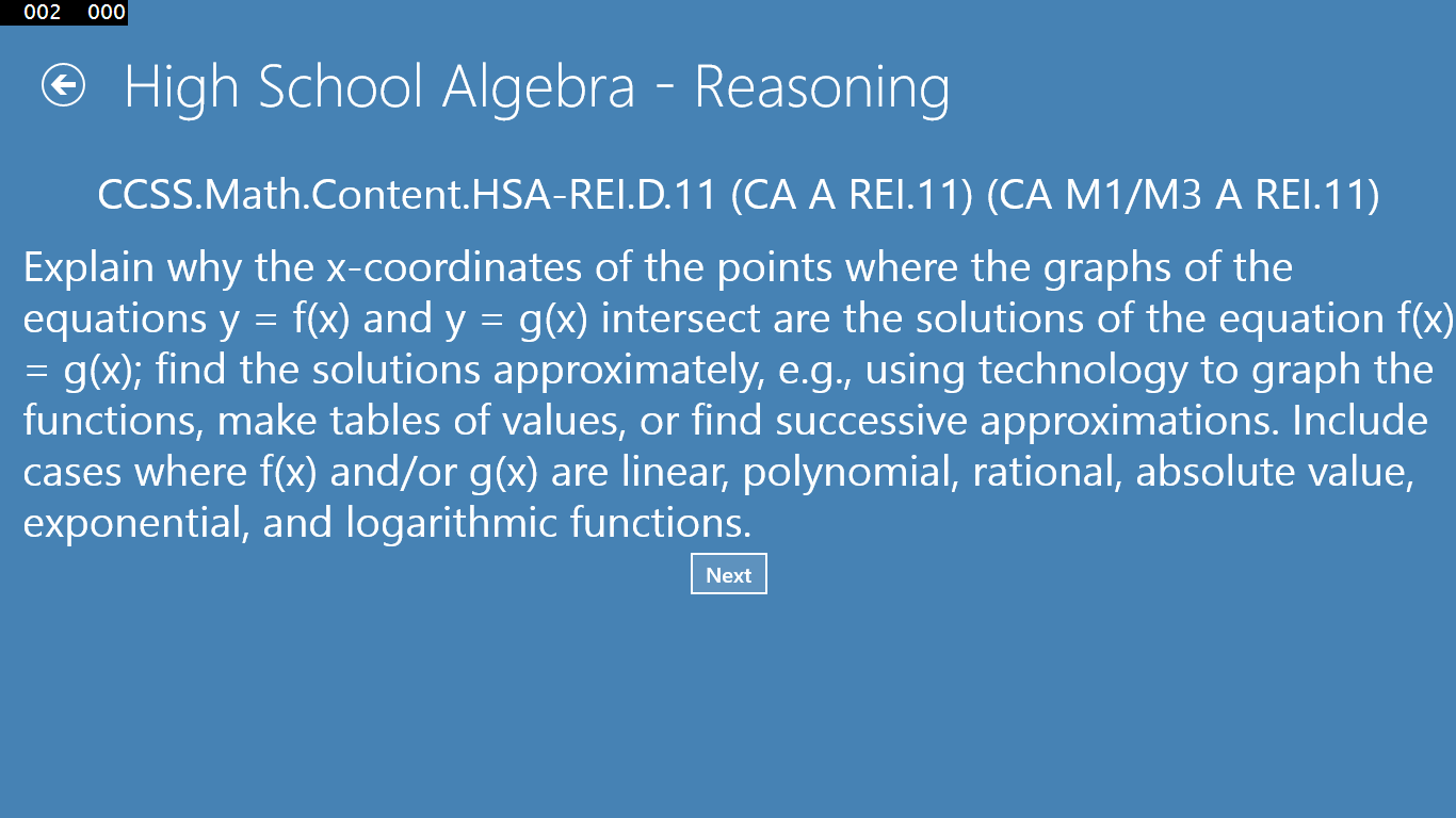 When the "Reasoning with Equations and Inequalities" domain icon is selected the first common core math standard for reasoning is displayed.