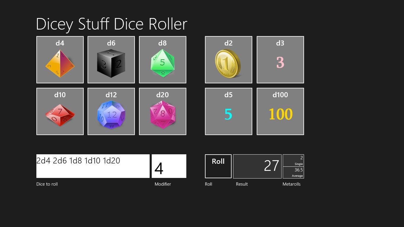 Standard View of Dice Roller shows all info at a glance.