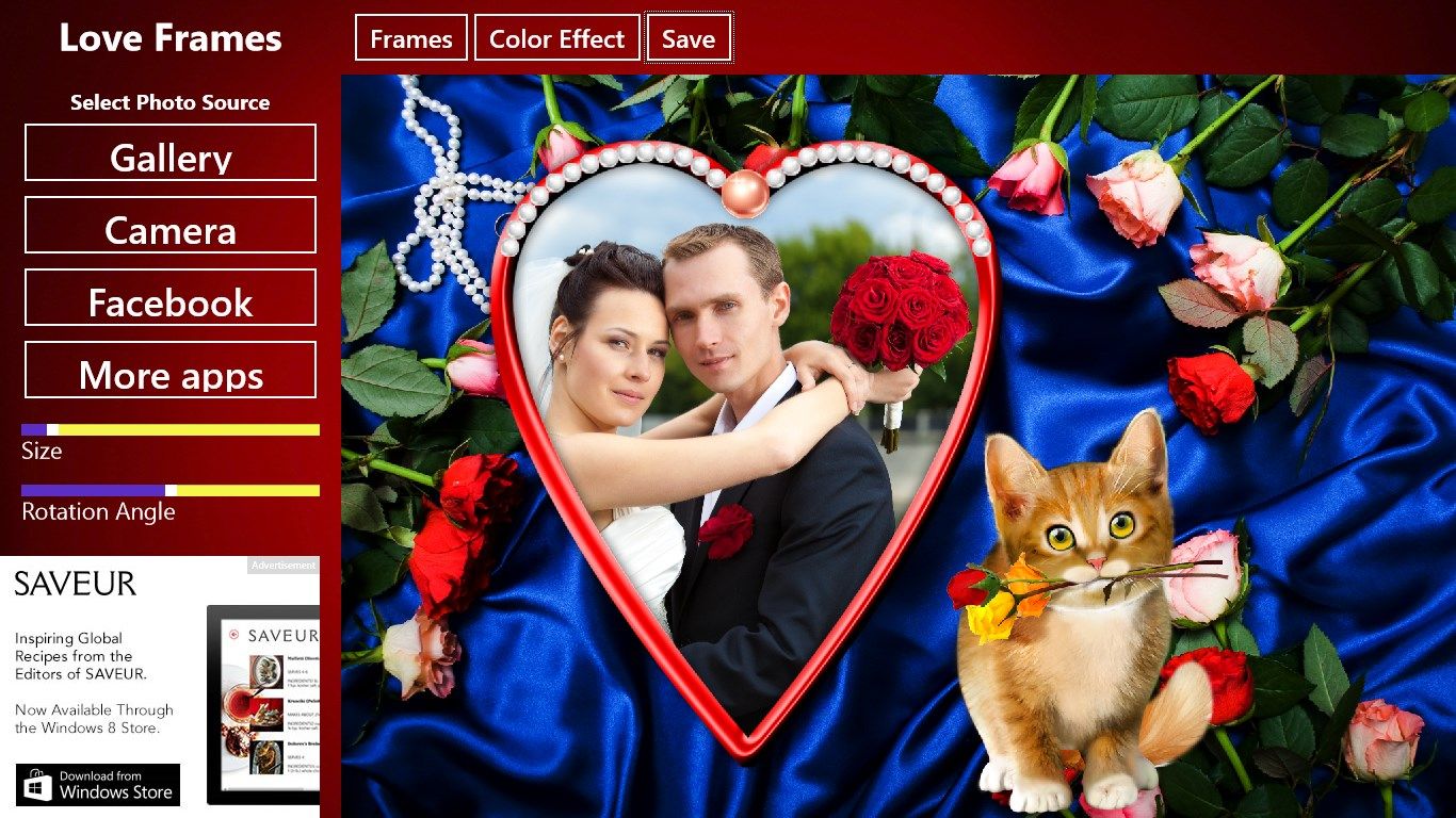 Picture preview of selected image overlaid with love frame