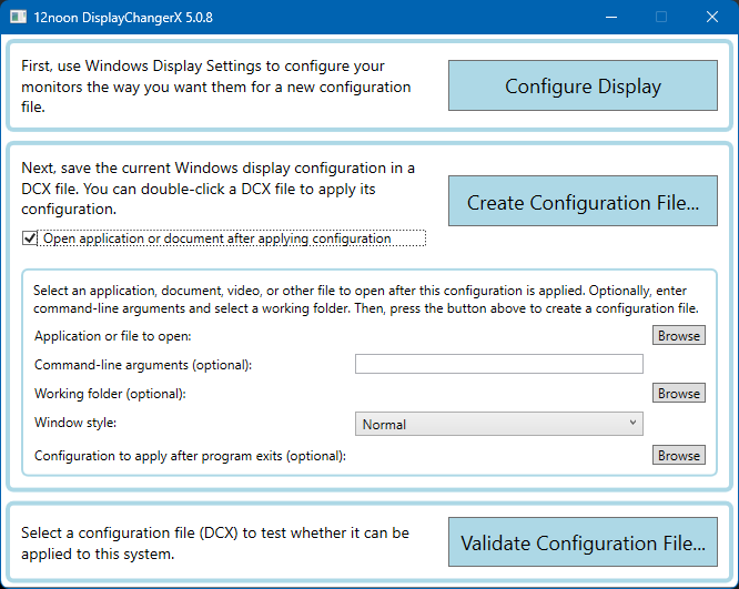 Ticking the check box to open an application (or file) after applying the configuration displays a panel where you configure the application (or file) to open, including any arguments, the working directory, the window style, and a configuration to apply after the application exits.