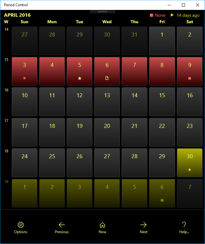 Calendar, showing finished period from 3th to 9th and forecast based on that period from 30th to 6th.
