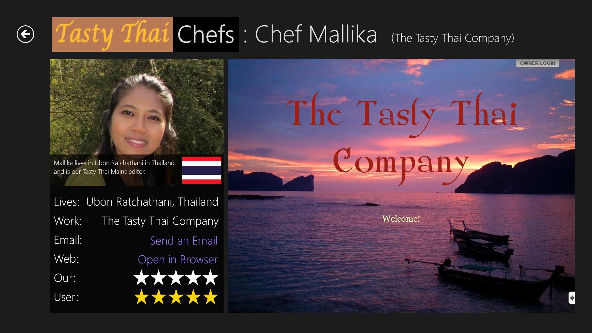 The Chef details screen includes a chef profile and contact information.