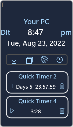 This is the main display with two "Quick Timers" displayed. You can add as many as you want. There are visual and audio announcements when a timer expires, even if the app is in the background.