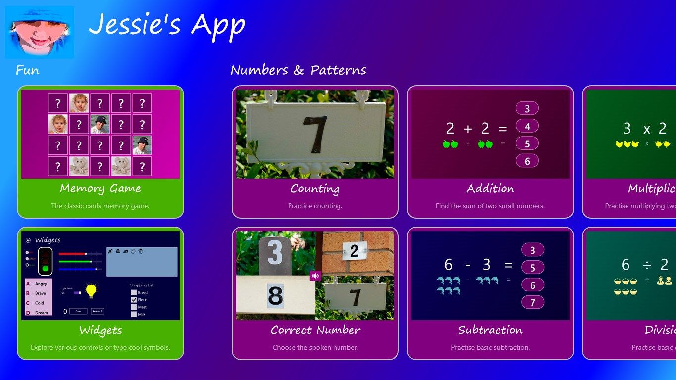 Home screen continued... Numeracy and fun activities.