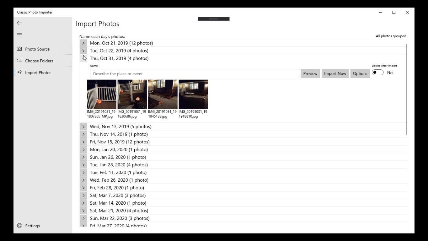 Photos are grouped by date.