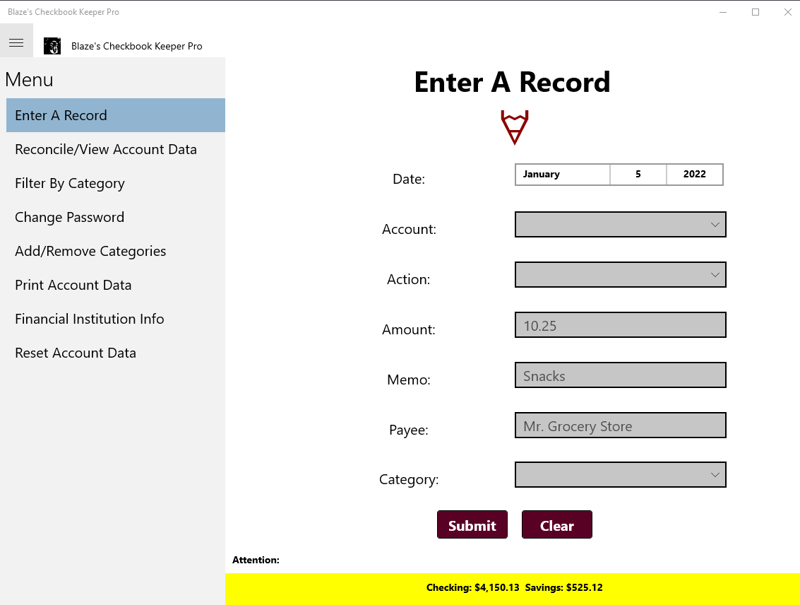 Registry record entry page with real time checking and savings balance availability