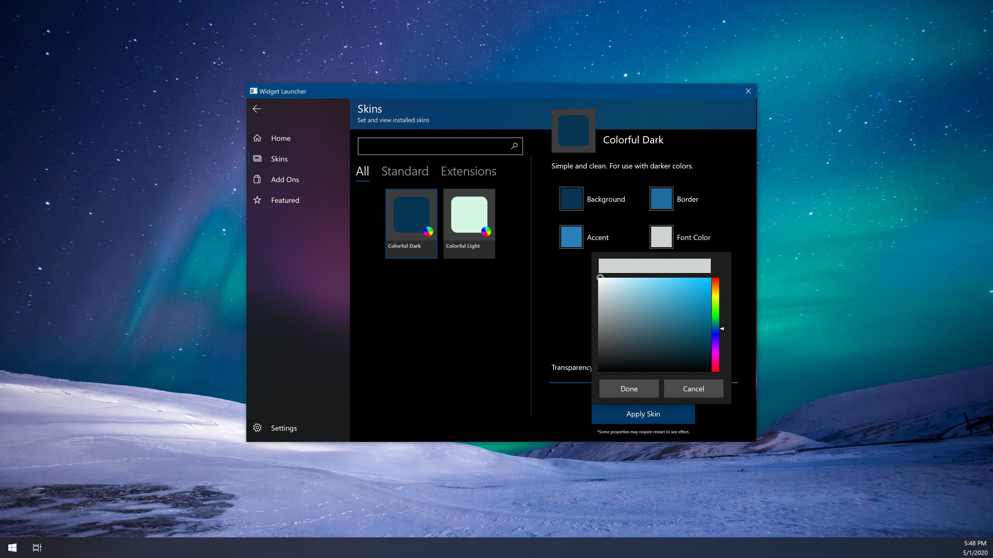 Use the launcher to customize the skin and color of your widgets