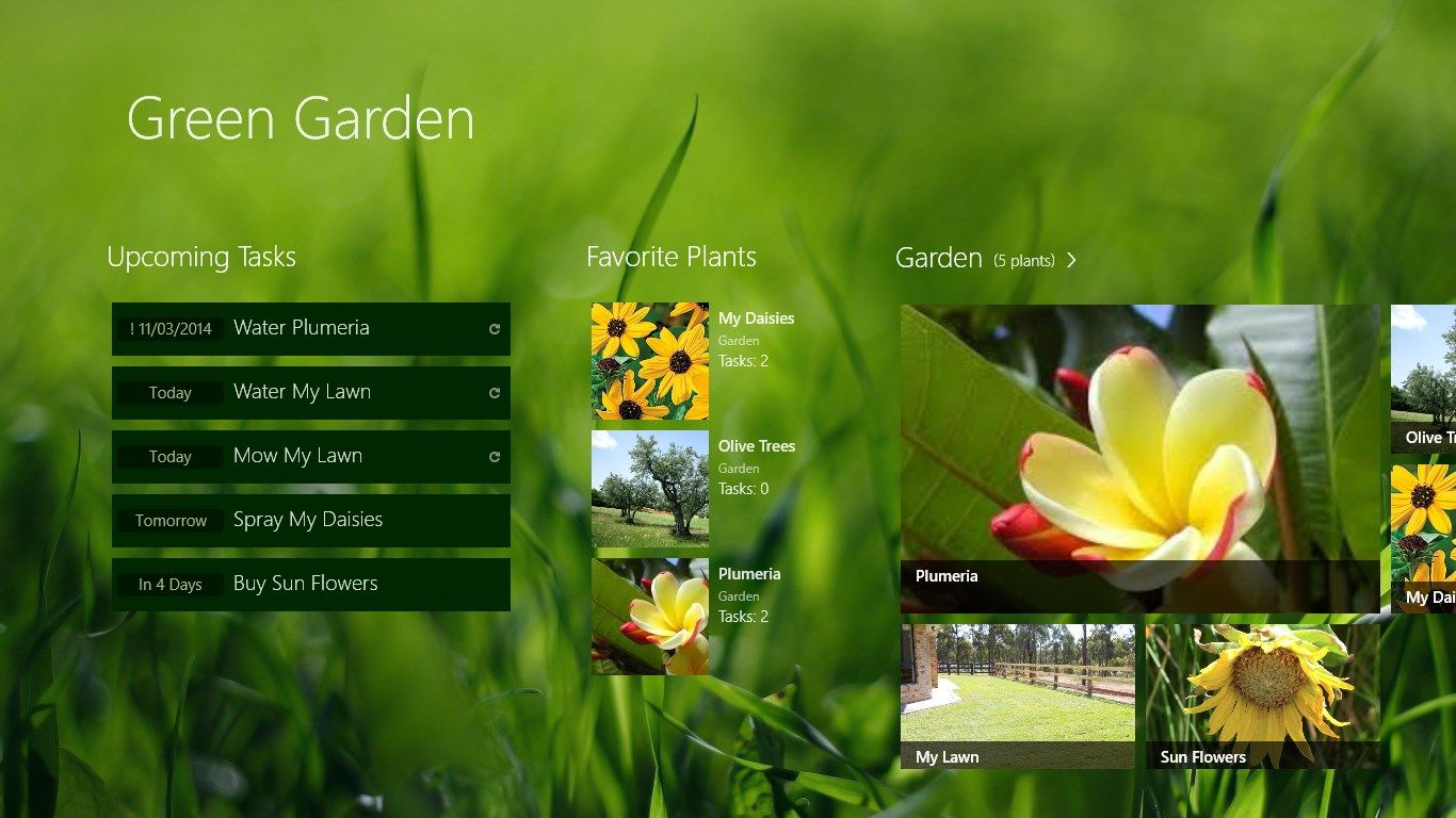 Homepage with your upcoming tasks and view of your plants