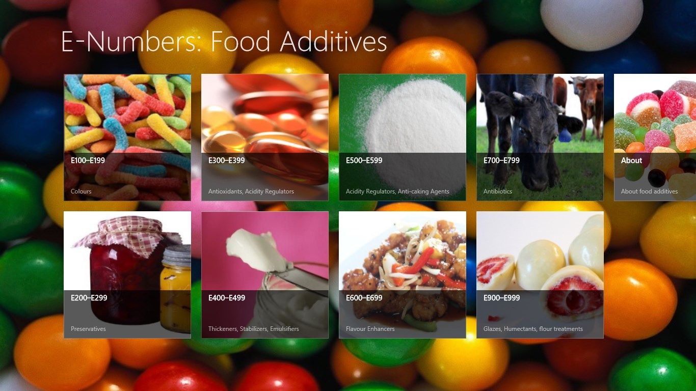 The main page shows the different food additive groups, e.g E100-E199
